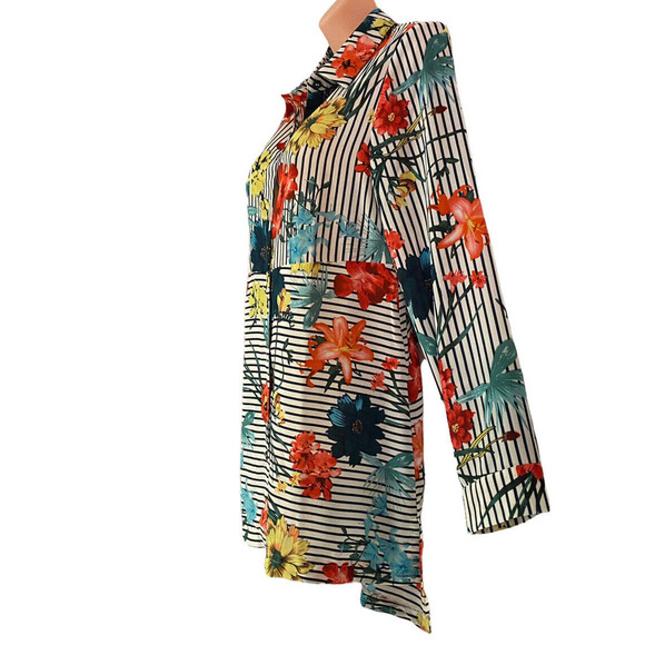 Midnight Velvet Tunic Length Blouse Button Up Shirt Black & White Stripe Top - Picture 3 of 12